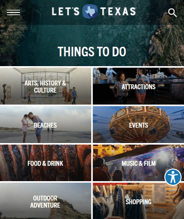 Travel Texas mobile website example screenshot