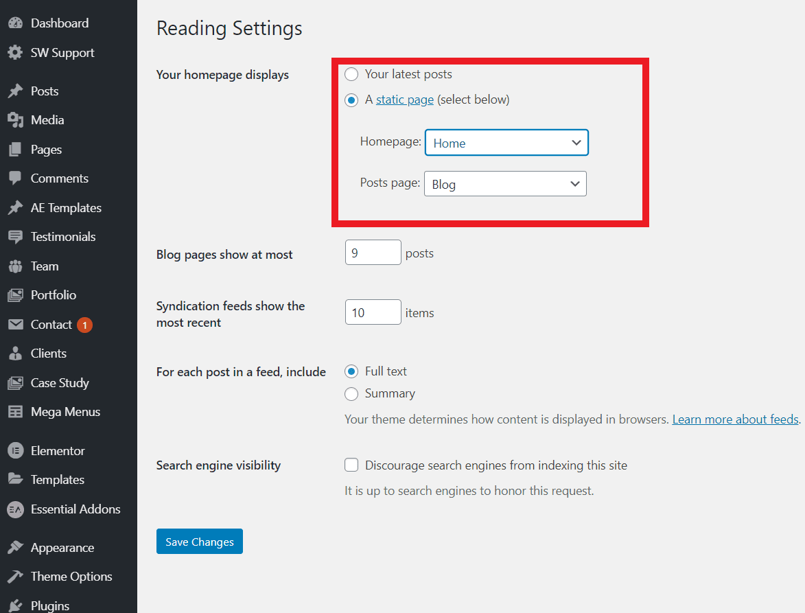 WordPress Static Page Settings