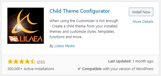 WordPress plugin to easily and efficiently create a child theme