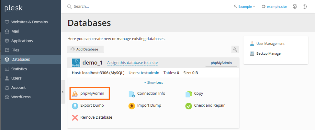 Using plesk to access phpmyadmin