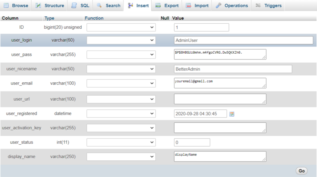 wp_users in phpmyadmin for ServerWise